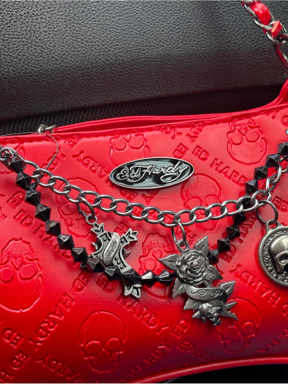 Ed Hardy Red Embossed Charm Chain Shoulder Bag